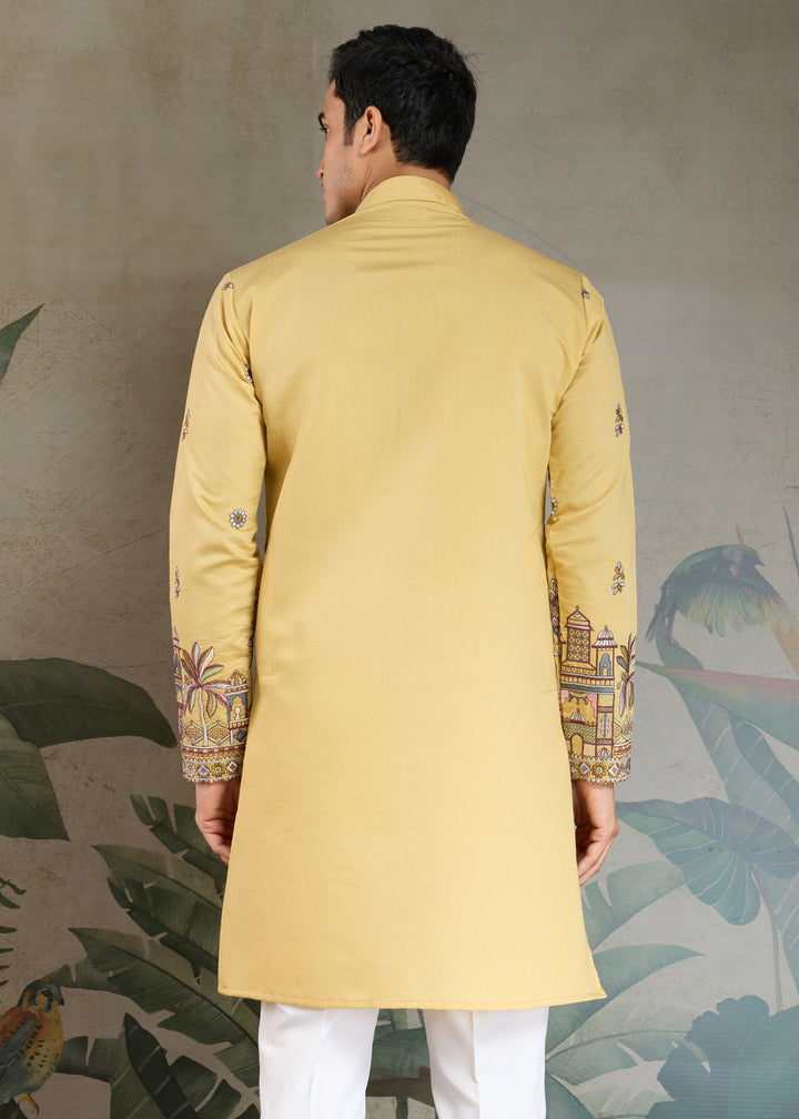 Daffodil Yellow Viscose Silk Kurta Set With Thread & Sequins Embroidered Work