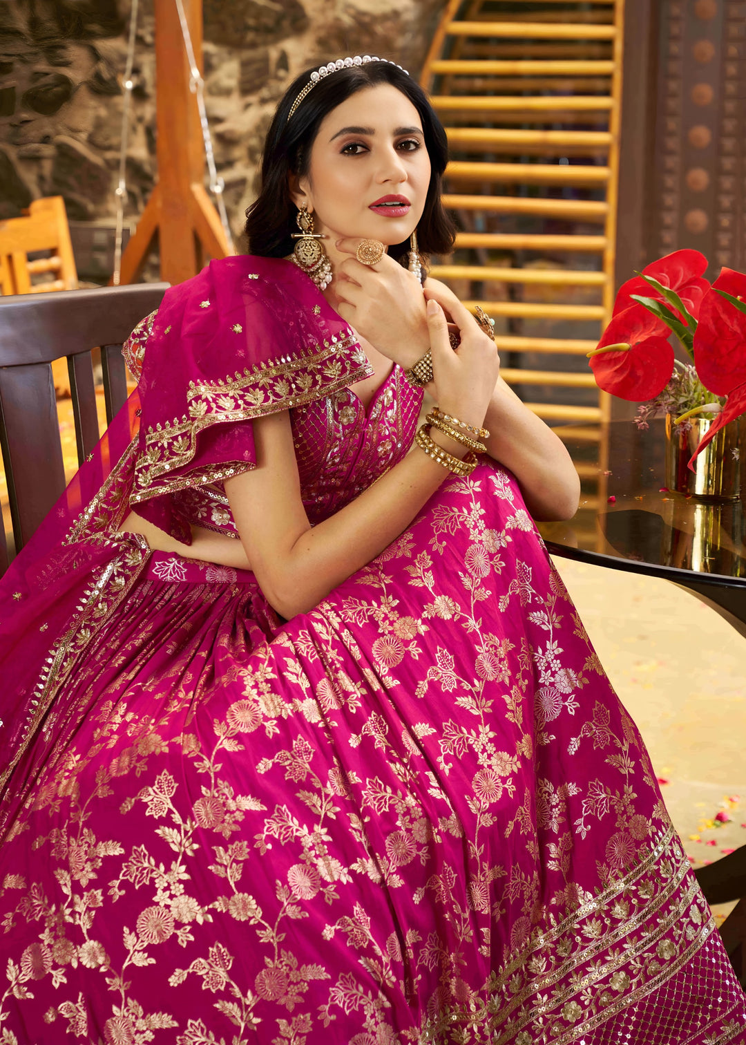 Rani Pink Sequins and Zari Embroidery Work Silk Lehenga