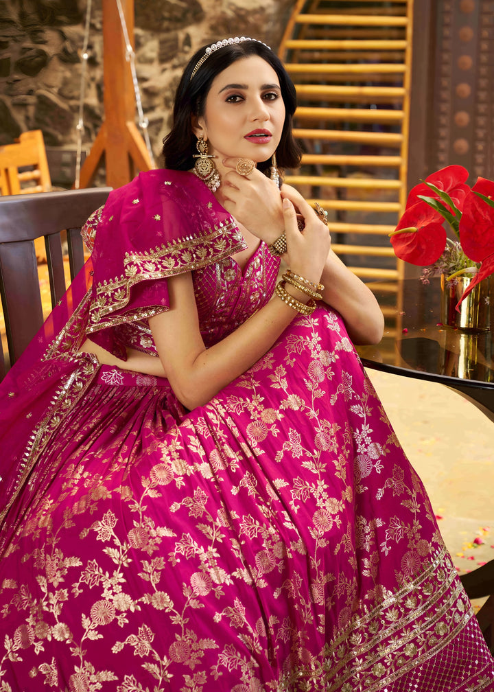 Rani Pink Sequins and Zari Embroidery Work Silk Lehenga