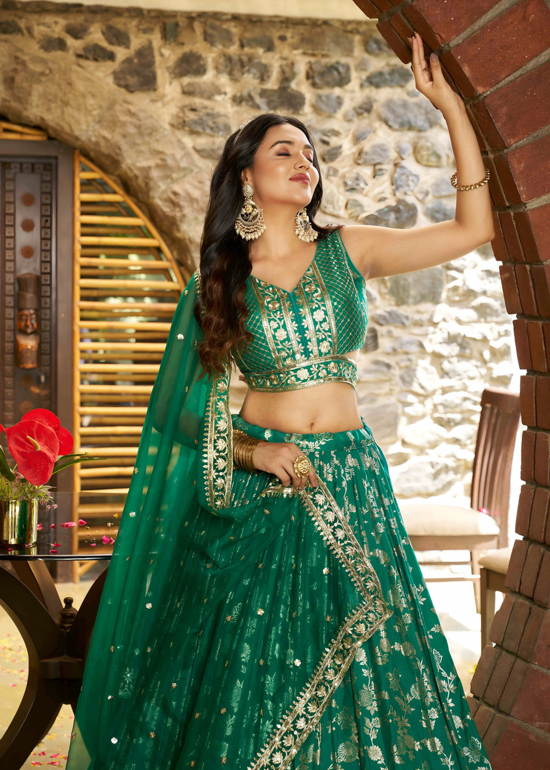Rama Green Sequins and Zari Embroidery Work Silk Lehenga