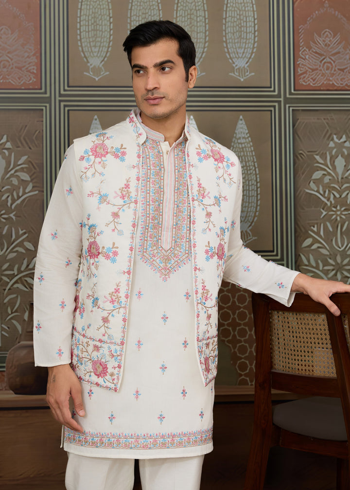 Pure White Mens Wear Koti Style with Silk Kurta and Pajama