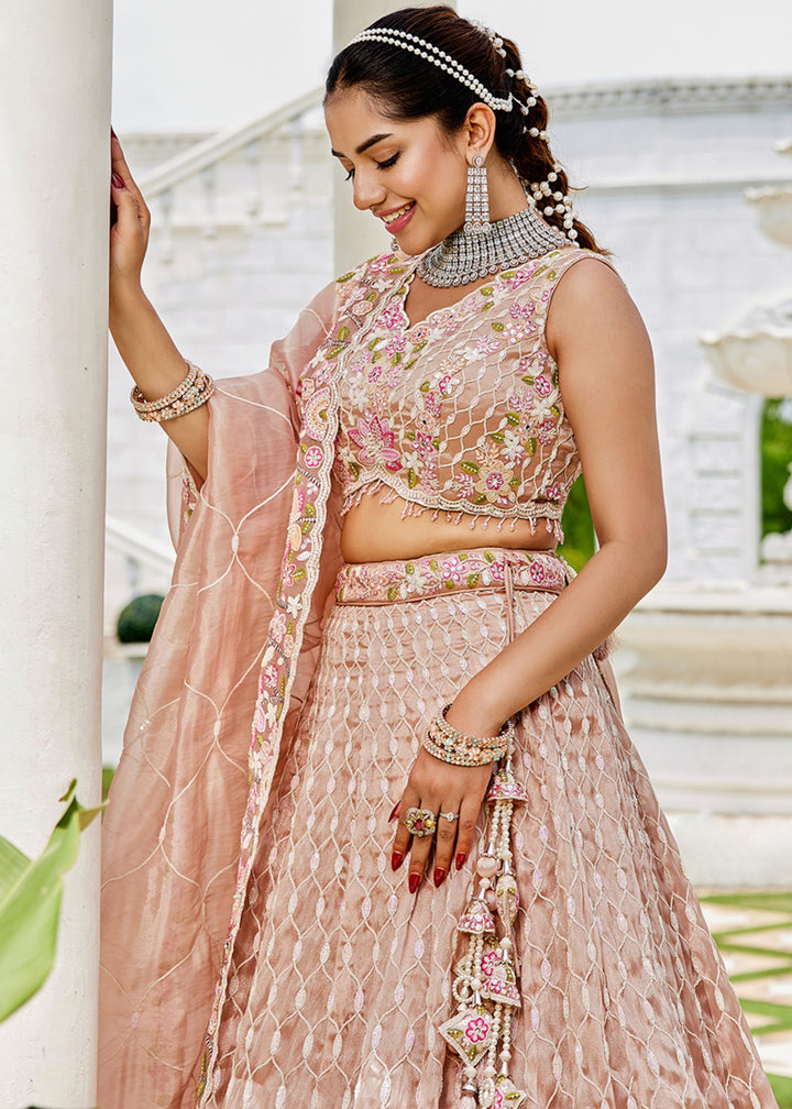 Nude Satin Silk Lehenga Choli with Sequinned Embroidered