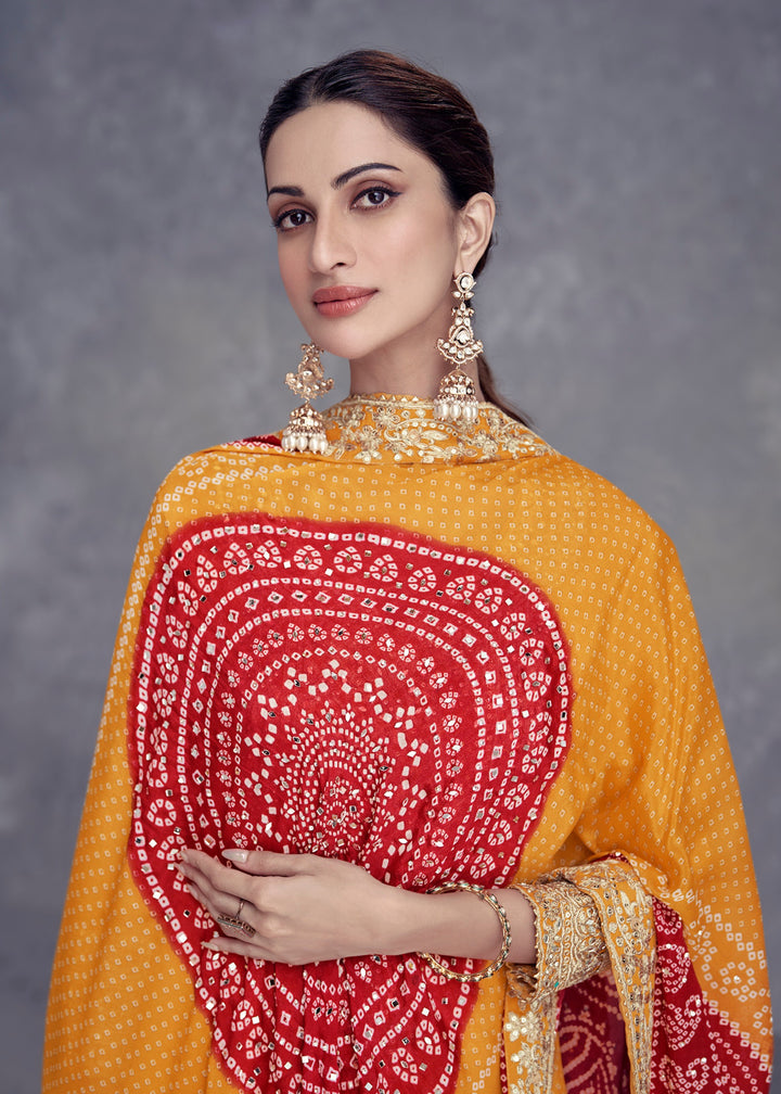 Mustard Yellow Chinon Salwar Suit with Red Dupatta