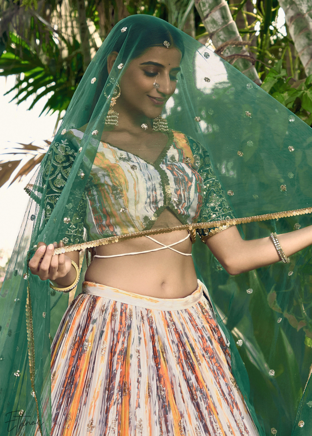 Dark Green Chinon Silk Lehenga Choli