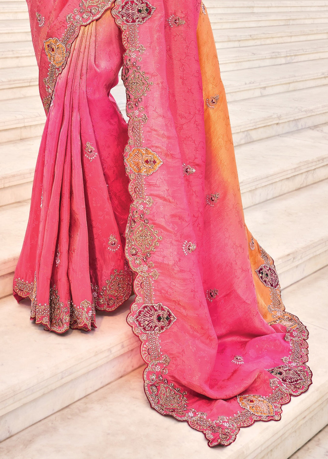 Orange - Rani Natural Crape Jaquard Saree With Jari Work