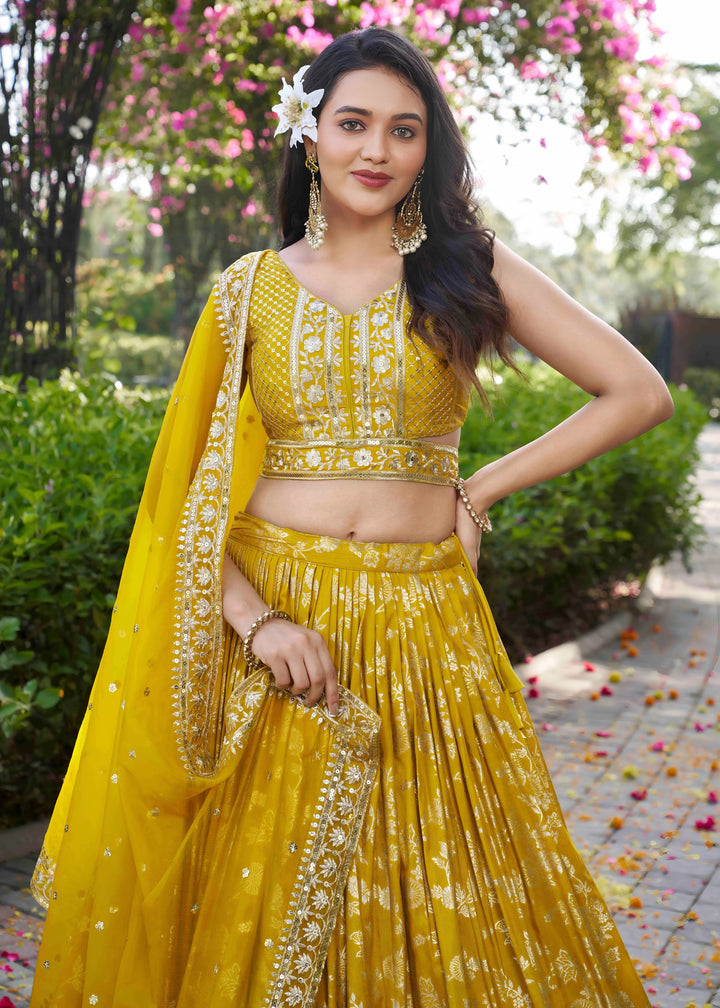 Yellow Sequins and Zari Embroidery Work Silk Lehenga