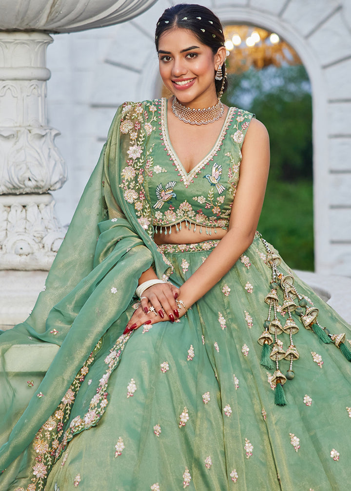 Green Tissue Lehenga Choli with Beads & Sequince Embroidered