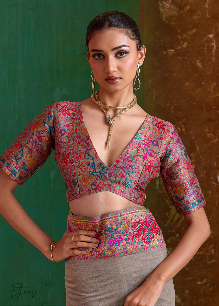 Mushroom Grey with Multicolour Floral Weave Saree