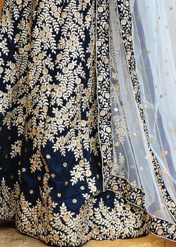 Dark Blue Velvet Lehenga With Dupatta