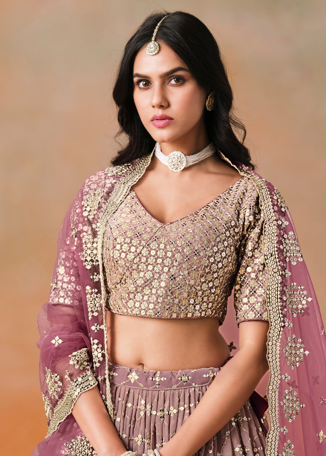 Maroon Sequins Zari Embroidered Work Georgette Lehenga