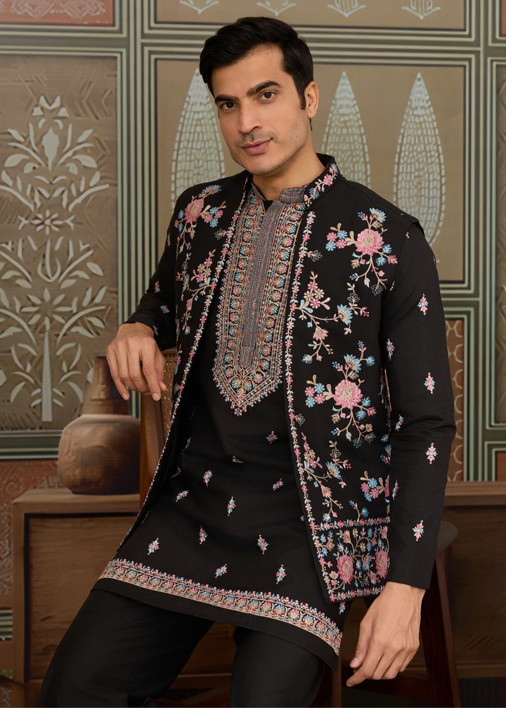 Jet Black Mens Wear Koti Style with Silk Kurta and Pajama