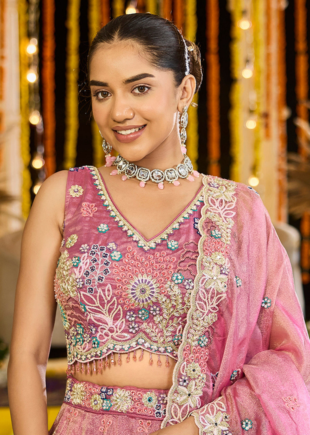 Pink Satin Silk Lehenga Choli with Sequinned Embroidered