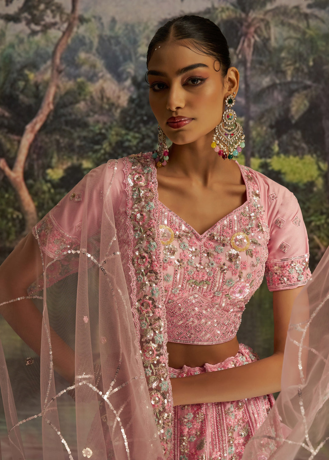 Bright Pink Soft Net Lehenga With Multicolor Floral Embroidery