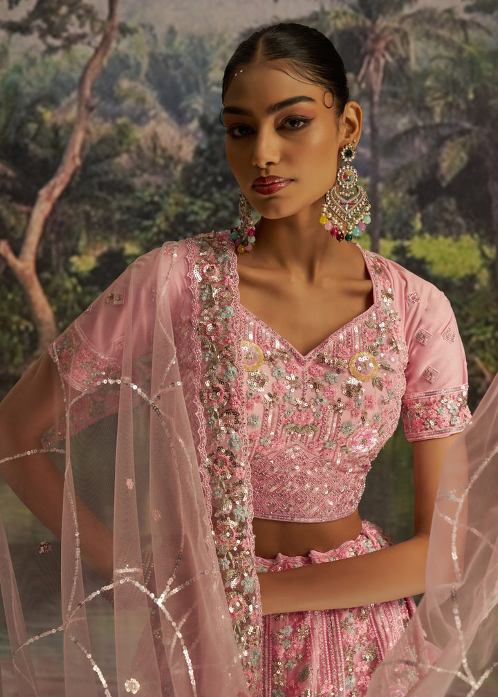 Bright Pink Soft Net Lehenga With Multicolor Floral Embroidery