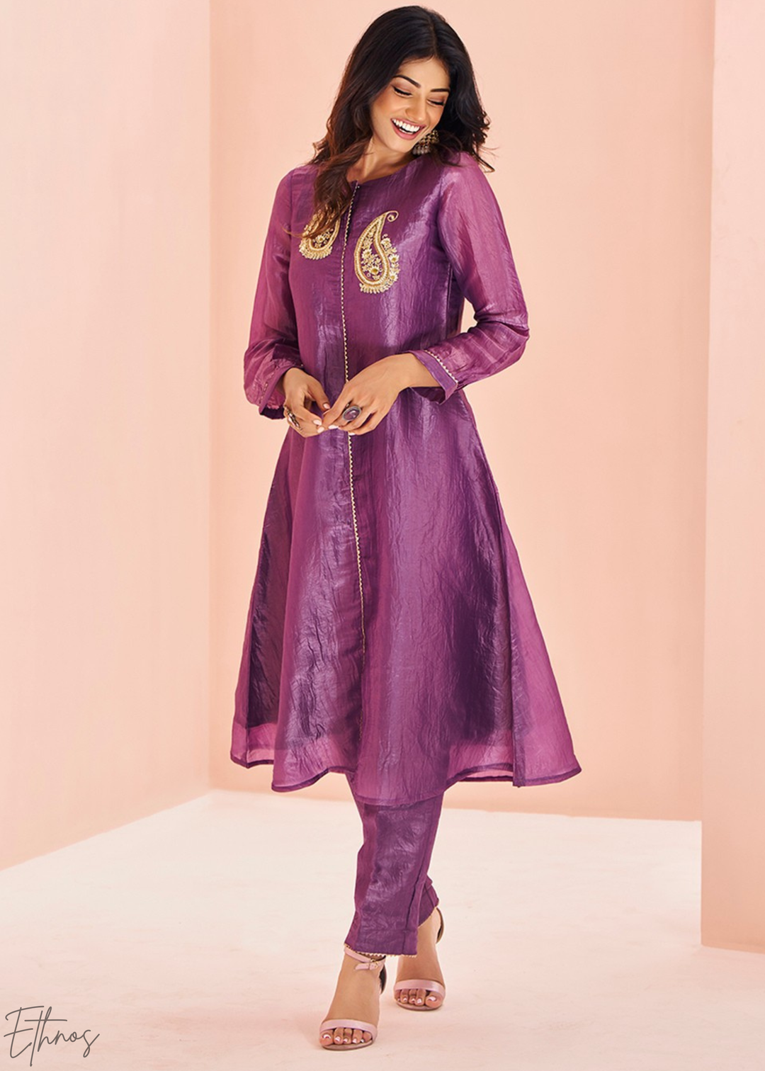 Plum Purple Paisley-Embroidered Organza Pant Suit