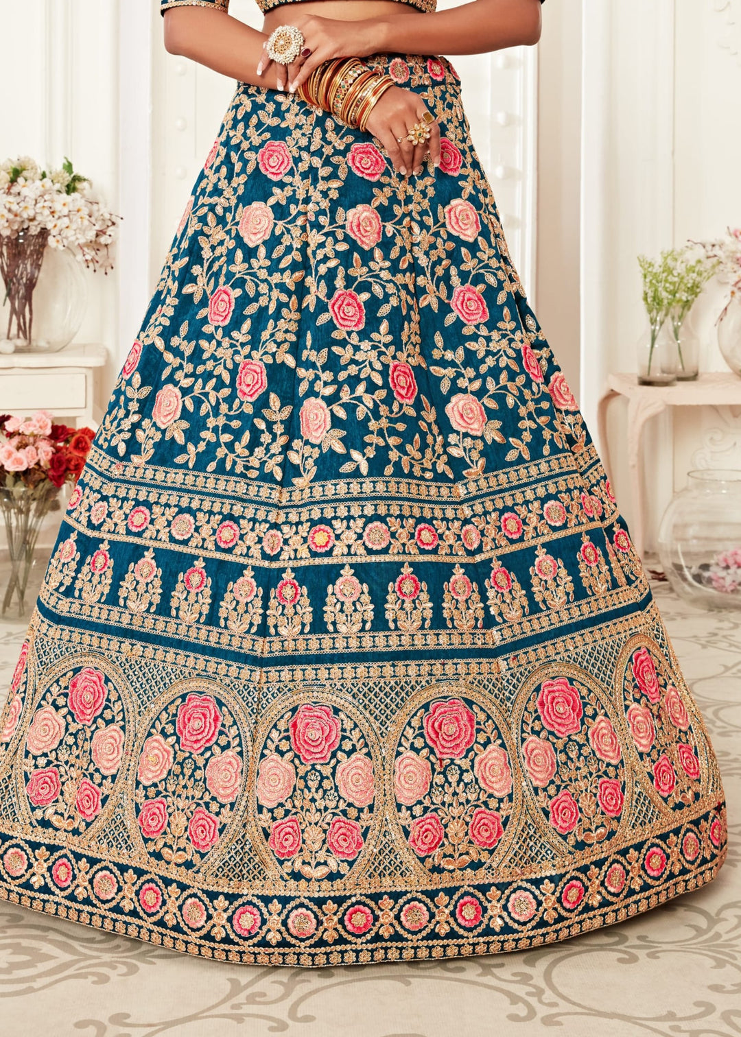Navy Blue Slub Silk With Zari, Dori, Thread And Sequins Floral Embroidery Bridal Lehenga