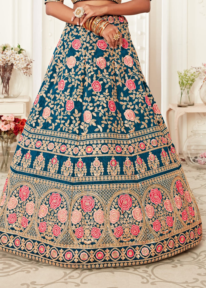 Navy Blue Slub Silk With Zari, Dori, Thread And Sequins Floral Embroidery Bridal Lehenga