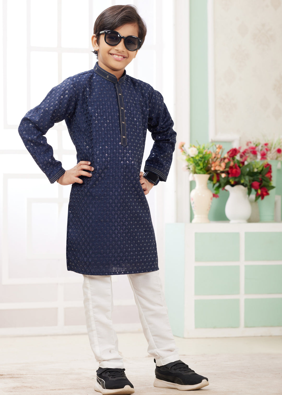 Dark Blue Silk Mens Kurta Set With Thread Embroidery Work
