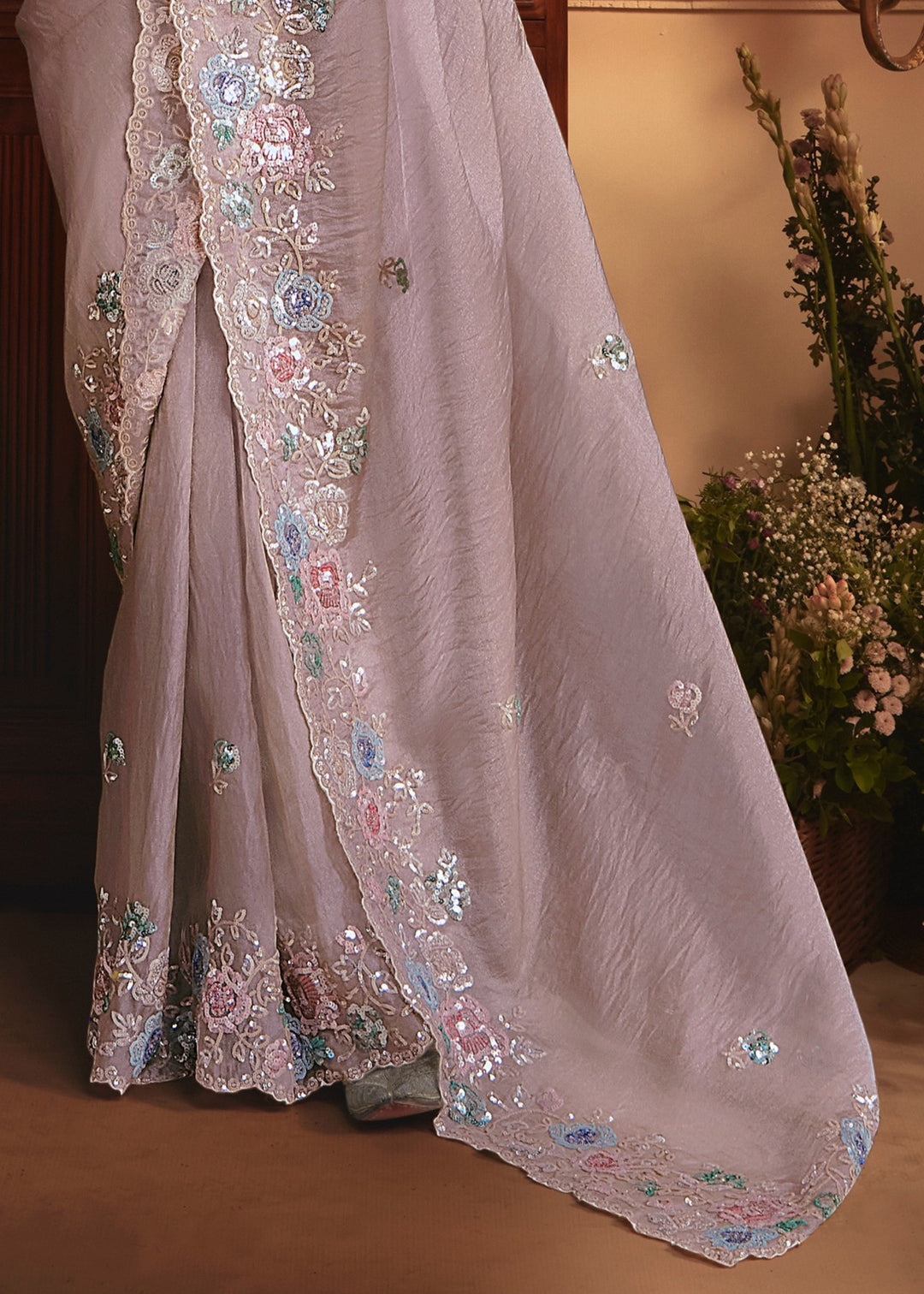 Lilac / Lavender Grey Tissue Organza Saree With Heavy Embroidery