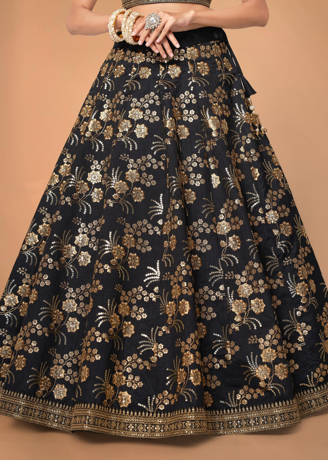 Black Slub Silk Lehenga with Zari Sequins and Dori Embroidery Work