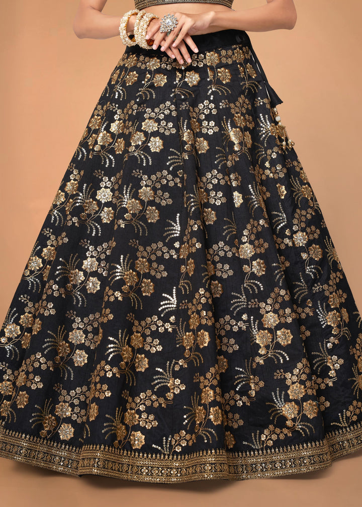 Black Slub Silk Lehenga with Zari Sequins and Dori Embroidery Work