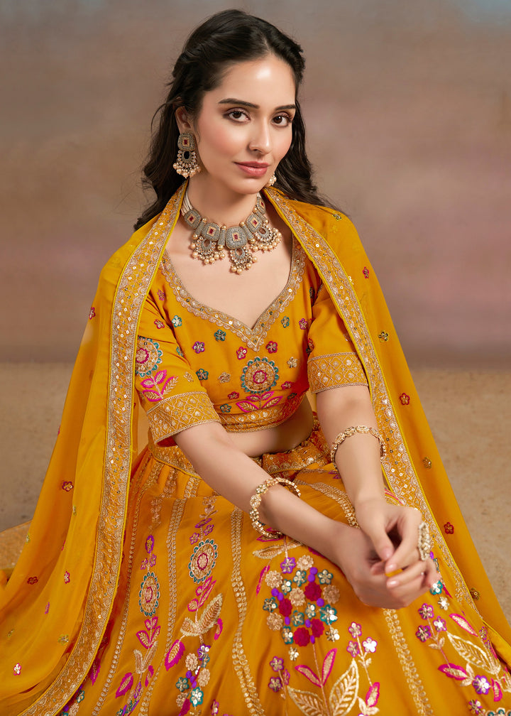 Yellow Sequins And Zari With Dori And Resham Embroidery Work Georgette Lehenga