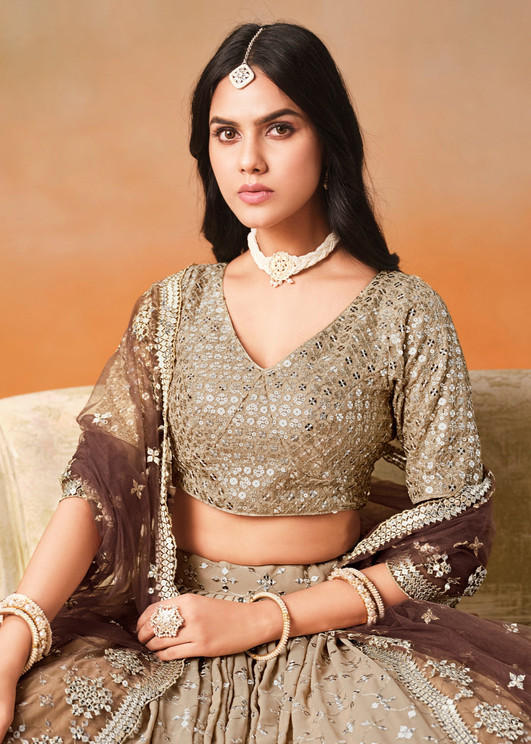 Brown Sequins Zari Embroidered Work Georgette Lehenga