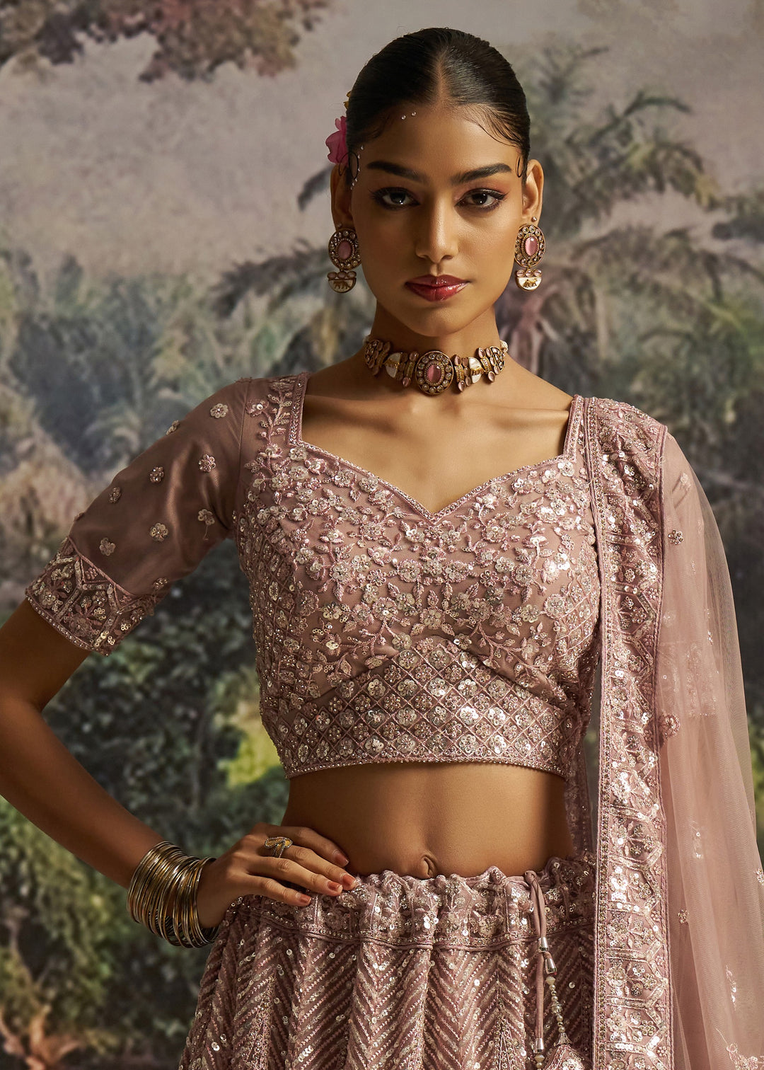 Mauve-pink Soft Net Lehenga with embroidery