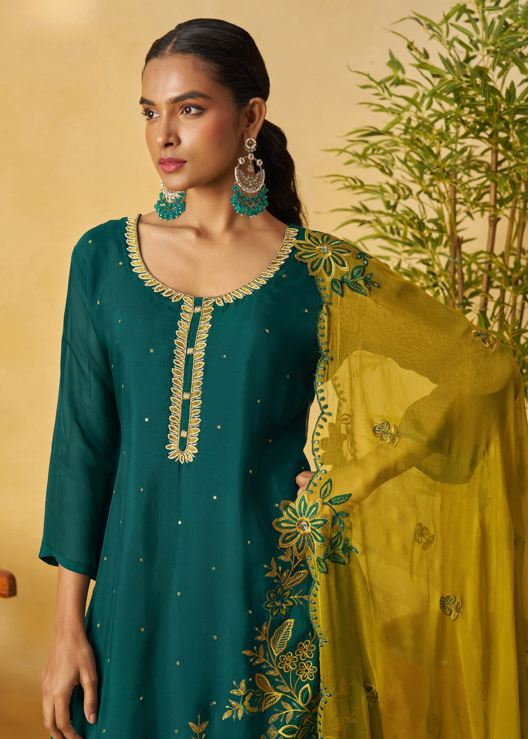 Dark Teal Green Salwar Suit with Mustard Yellow Dupatta
