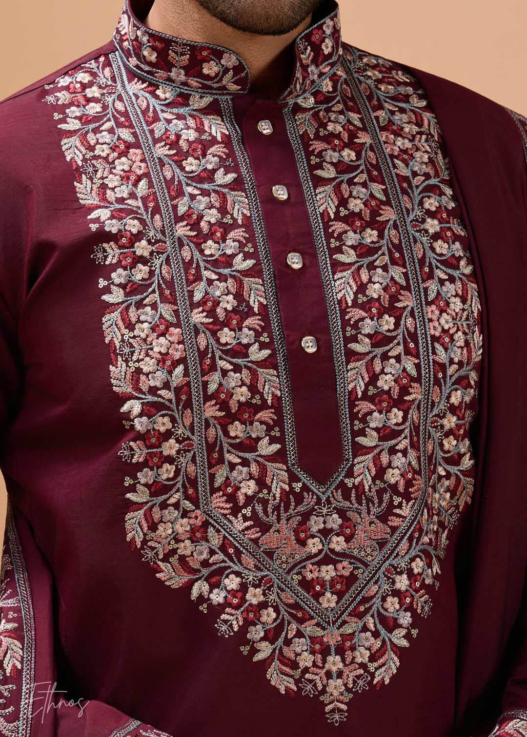 Maroon Mens Wear Silk Kurta With Pant And Dupatta
