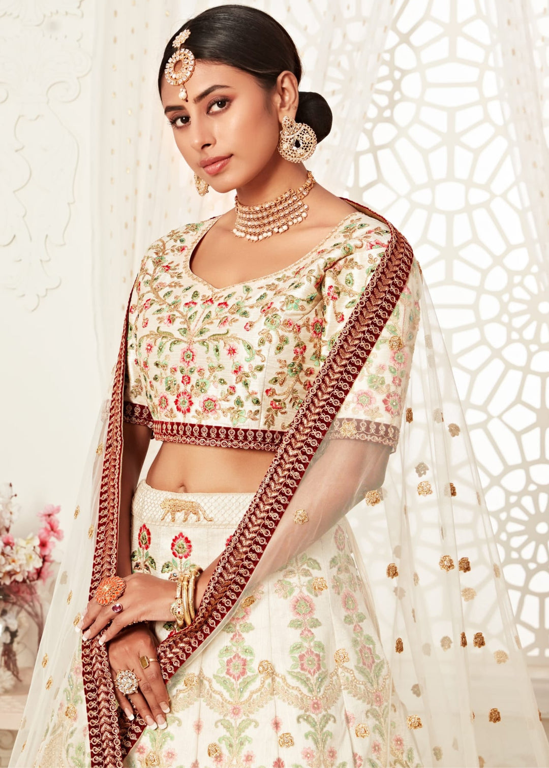 Off-White Art Silk Embroidery Lehenga