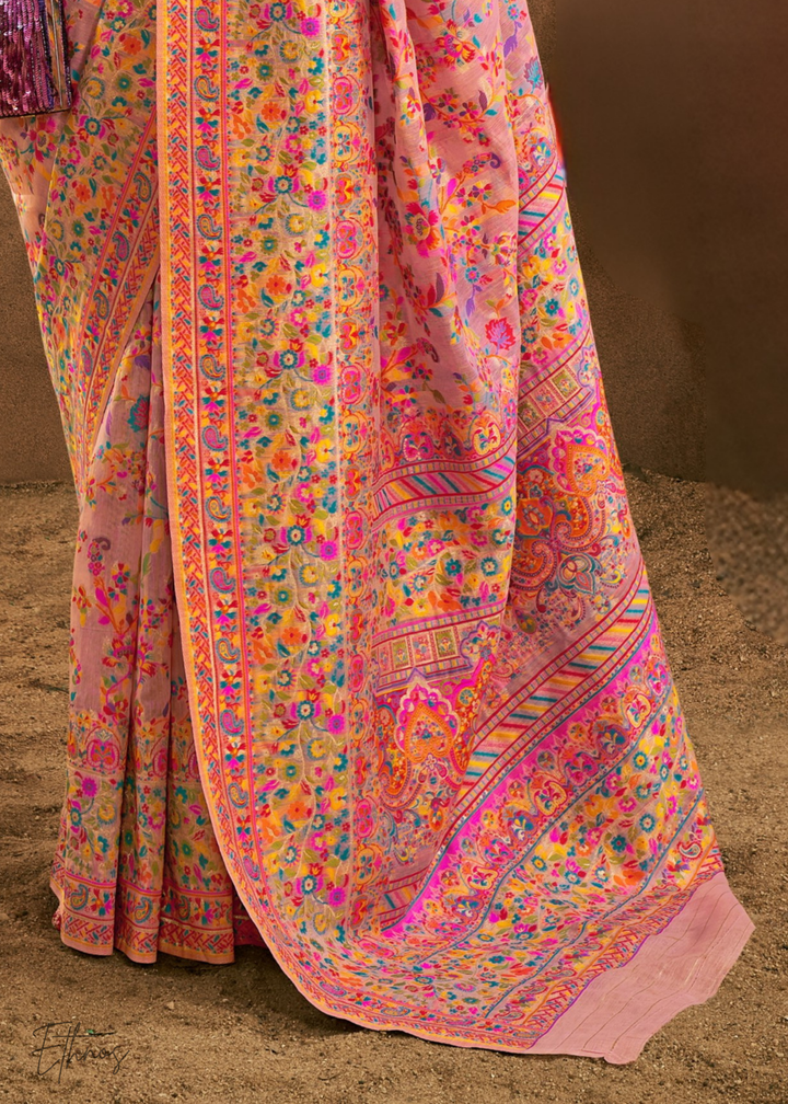 Soft Blush Pink with Multicolour Kashmiri Floral Weaving Saree