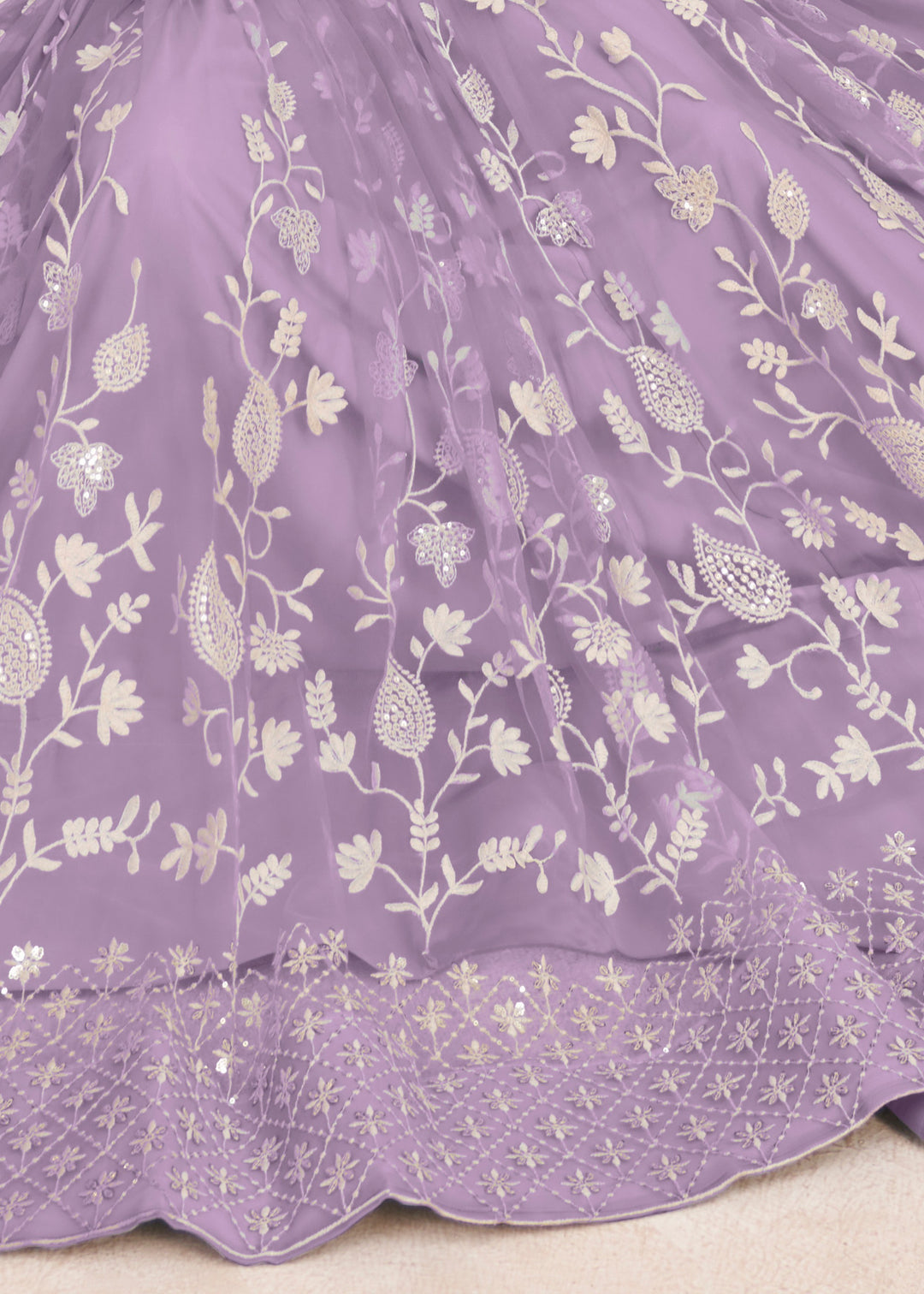 Lavender Designer Soft Net Lehenga With Cotton Thread And Sequins Embroidery Work