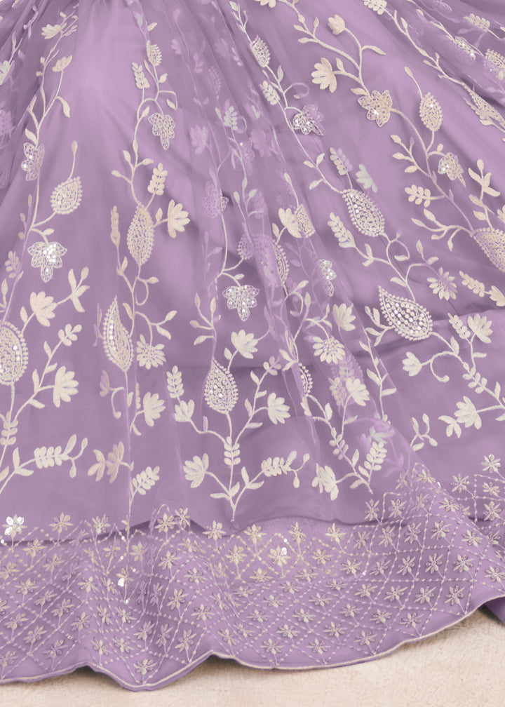 Lavender Designer Soft Net Lehenga With Cotton Thread And Sequins Embroidery Work