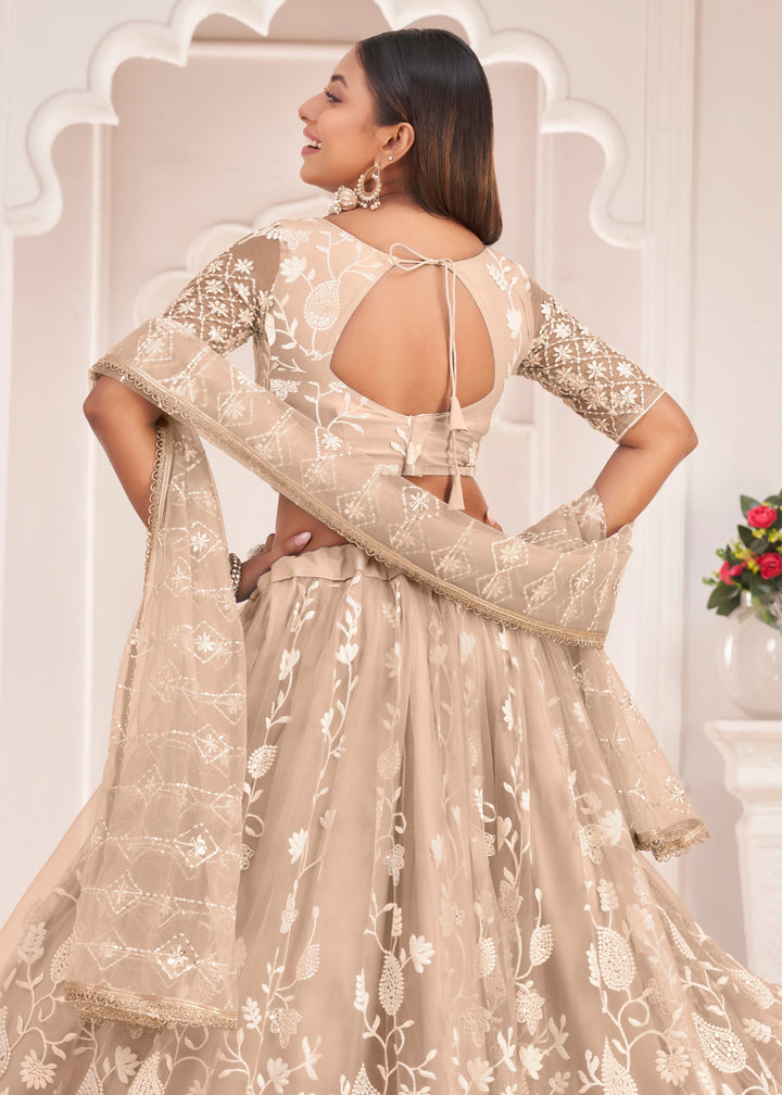 Sand Brown Designer Soft Net Lehenga With Cotton Thread And Sequins Embroidery Work