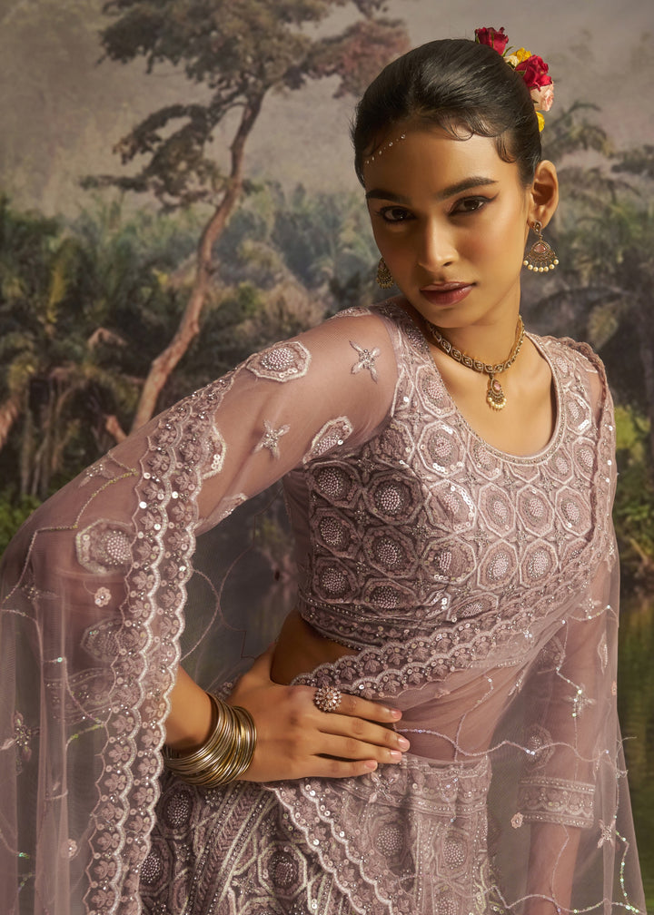 Mauve Soft Net Lehenga With Tonal Embroidery