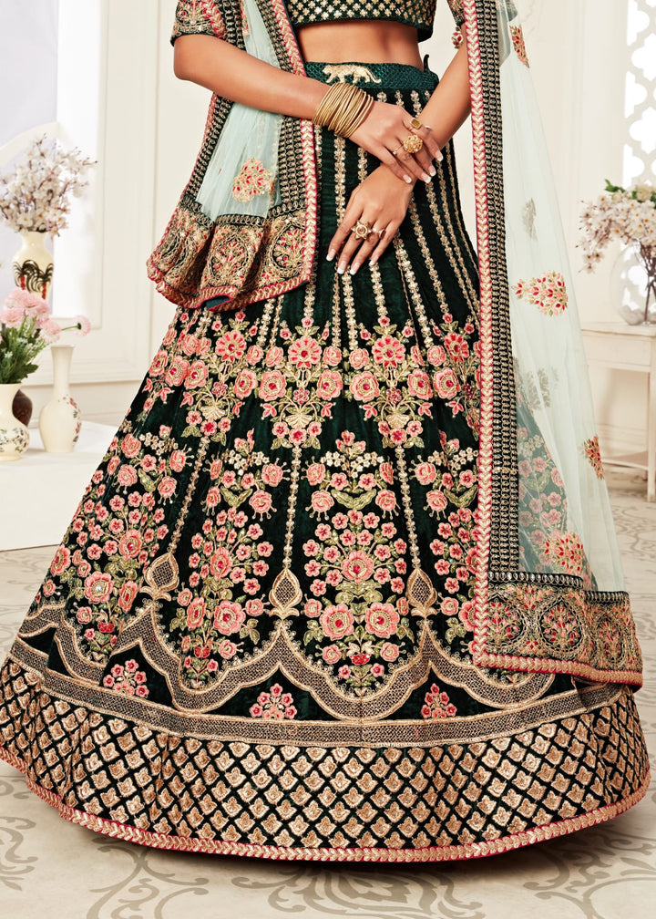 Green Velvet With Zari & Thread embroidery With Diamond Work Bridal Lehenga
