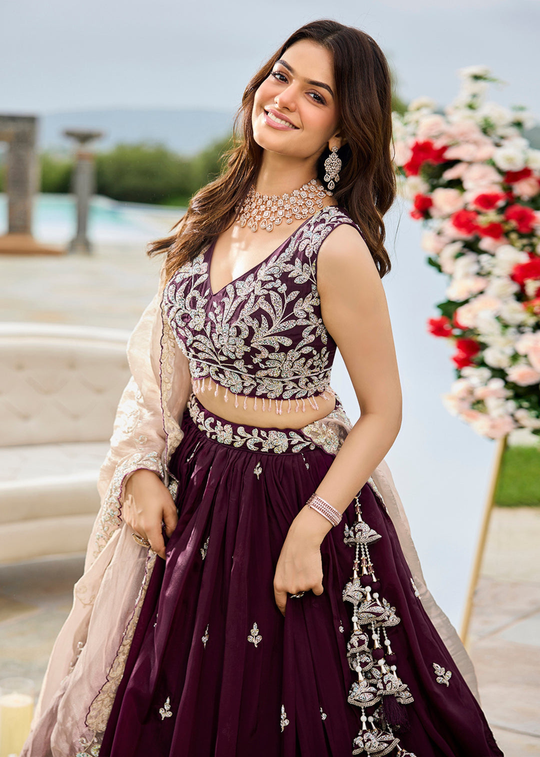 Wine Satin Silk Lehenga Choli with Beads & Sequince Embroidered