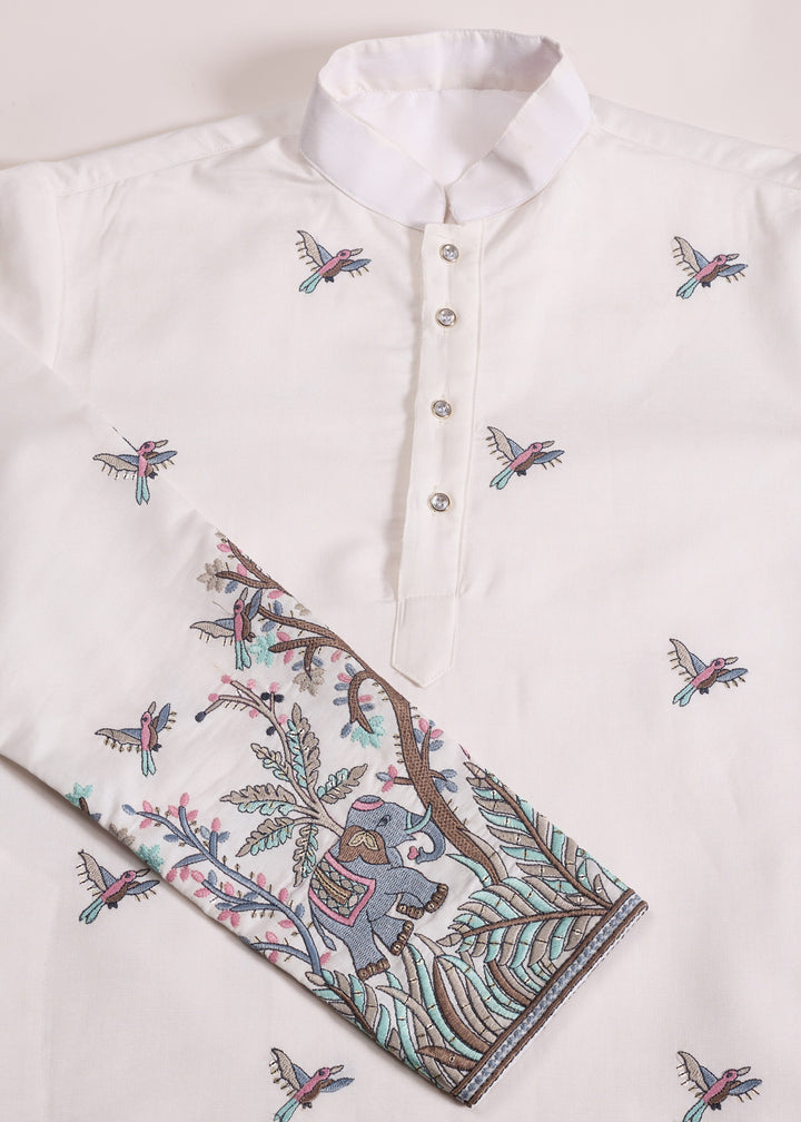 Creamy White Mens Silk Kurta with Pant