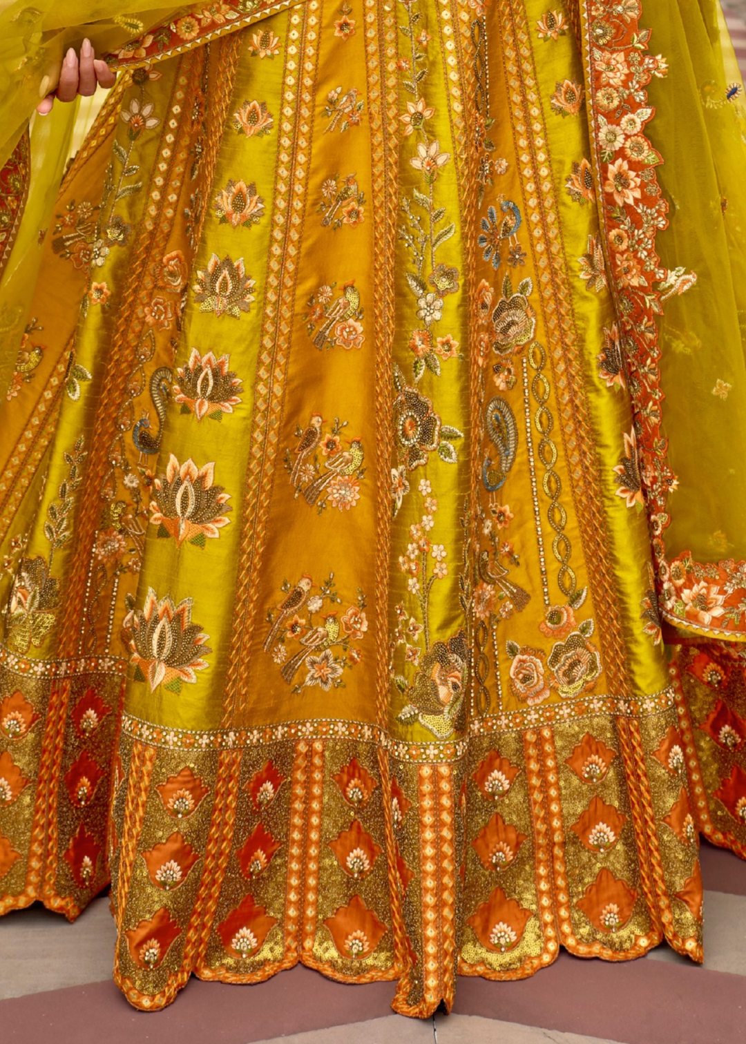 Marigold Yellow Silk Lehenga With Cut Work Border And Embroidery