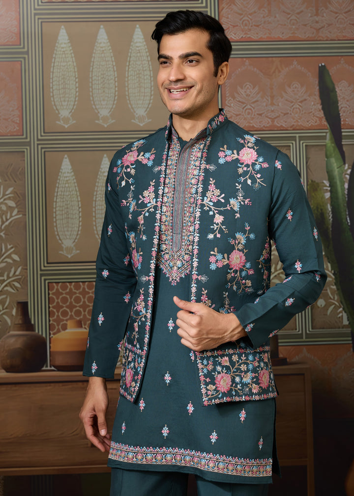 Rama Green Mens Wear Koti Style with Silk Kurta and Pajama