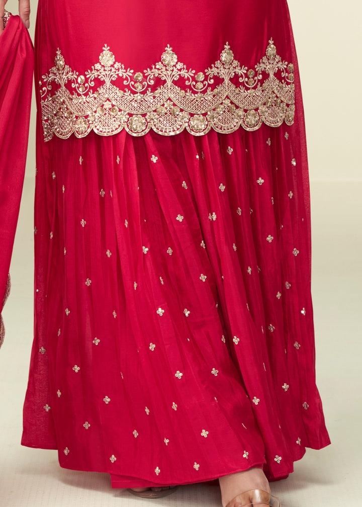 Bright Red With Golden Embroidery Chinnon Silk Salwar Suit