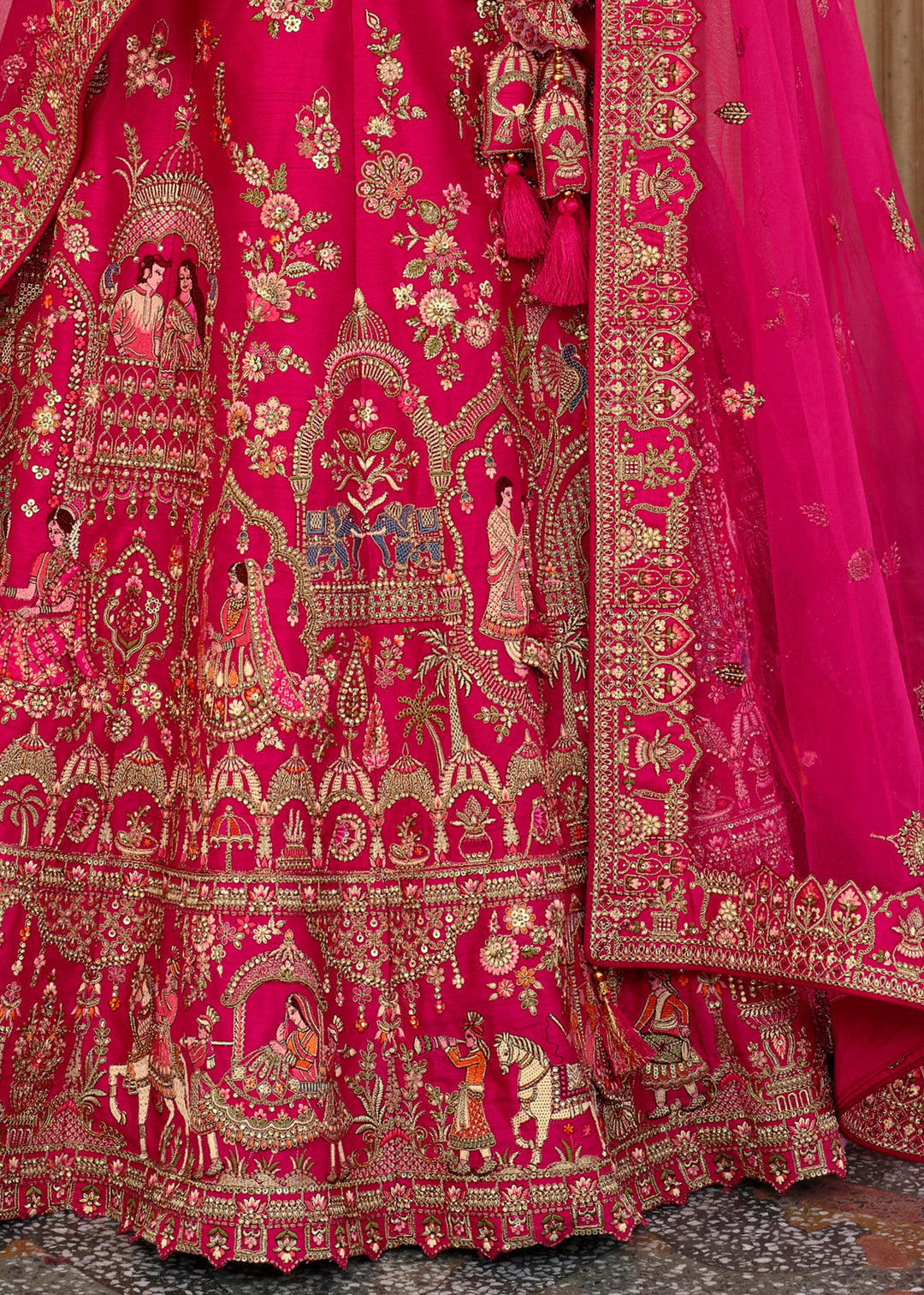 Raspberry Pink Heavy Bridal Silk Lehenga With Khatli And Embroidery Work