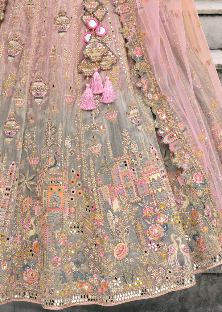 Pastel Pink Fancy Silk Lehenga Choli With Cut Work Embroidery Border & Stone Work