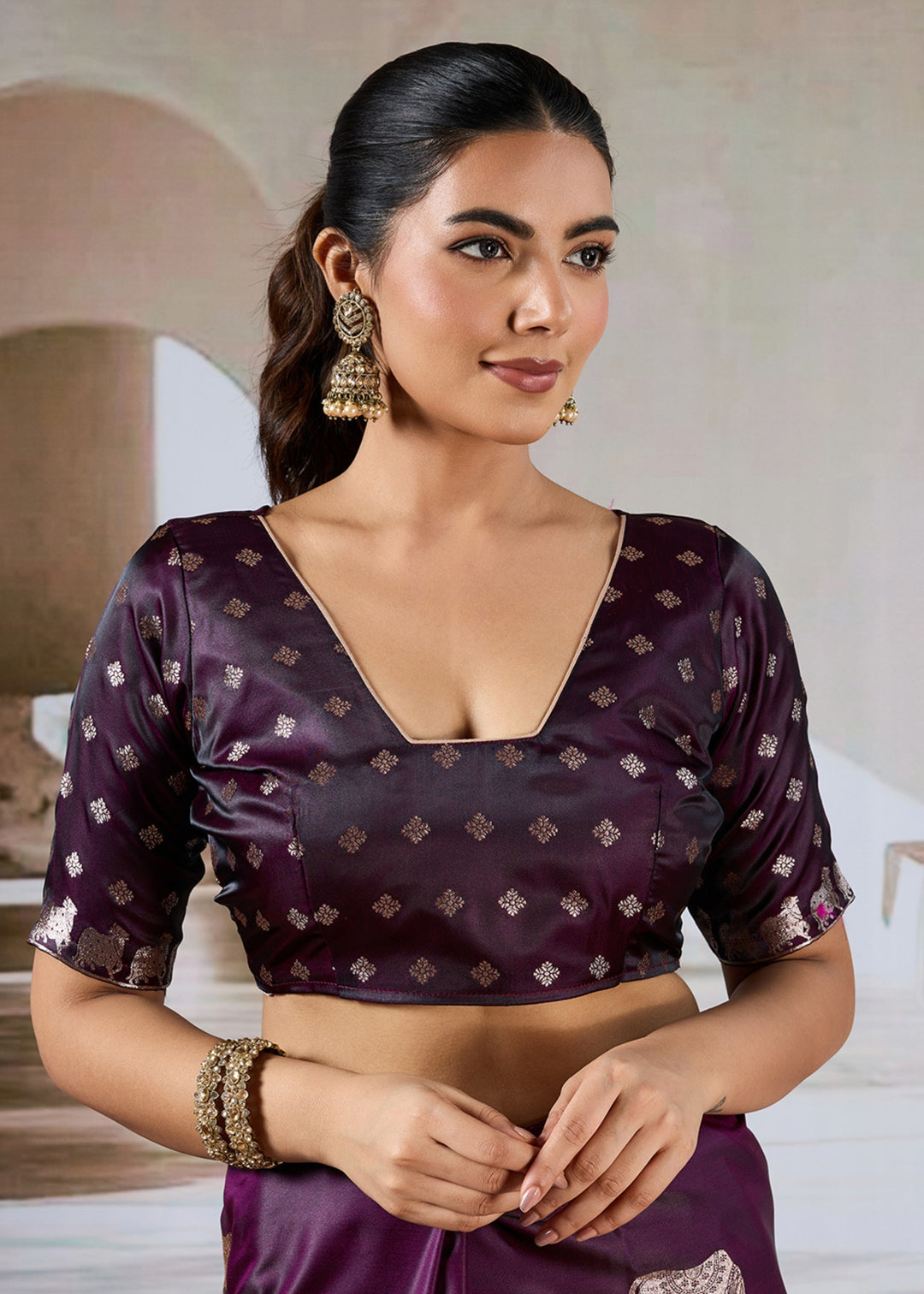 Wine Red Pure Satin Handloom Weaving Saree