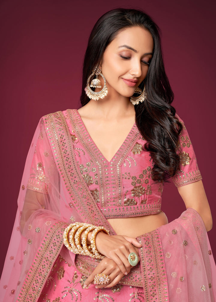 Pink Slub Silk Lehenga with Zari Sequins and Dori Embroidery Work