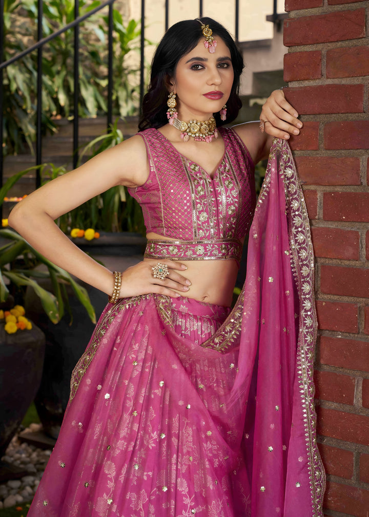 Pink Sequins and Zari Embroidery Work Silk Lehenga