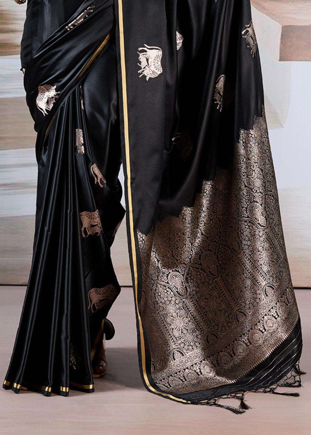 Black Pure Satin Handloom Weaving Saree