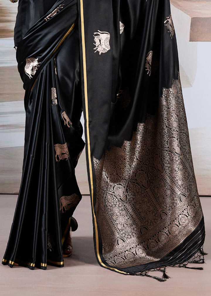 Black Pure Satin Handloom Weaving Saree