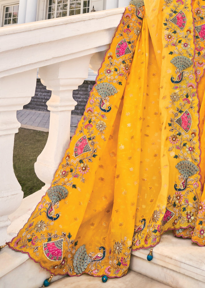 Yellow Natural Crape Saree With Moti Work